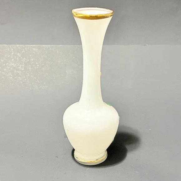 Vtg Satin Frosted Glass 8" Bud Vase Sugar Bead Floral Hand Painted Gold Trim - Picture 10 of 16